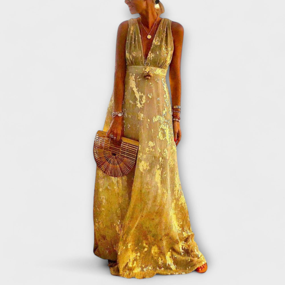 Kleit V-kujulise kaelusega ja läikivate detailidega