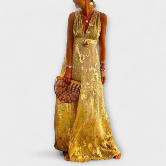 Kleit V-kujulise kaelusega ja läikivate detailidega