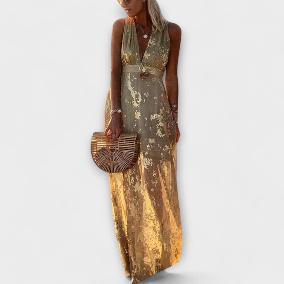 Kleit V-kujulise kaelusega ja läikivate detailidega